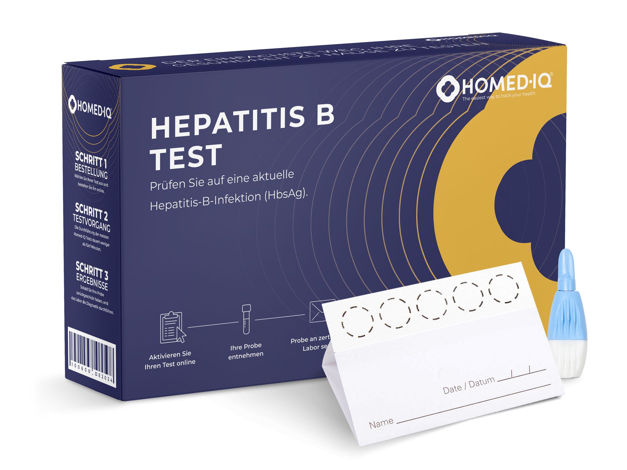 Homed-IQ Hepatitis B Test-Box. Enthält Testkarte und Lanzette. Blaue Box mit Produktnamen und Logo.