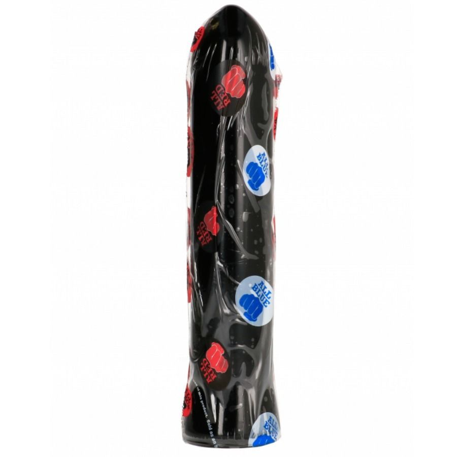 Schwarzer, flexibler Dildo in Folienverpackung. Aufkleber mit roter und blauer Faust. Produktname nicht sichtbar.