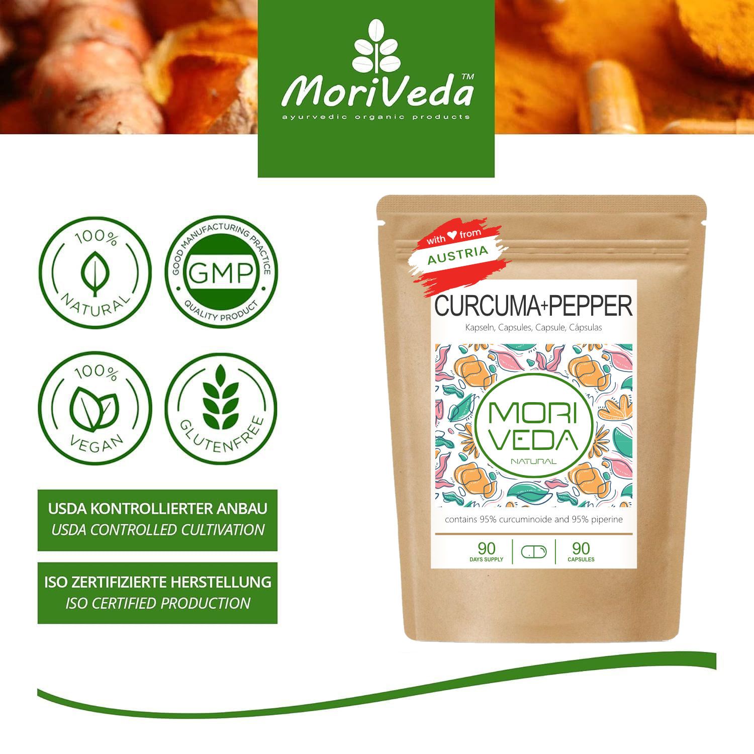 Beutel mit Etikett. Aufschrift: Curcuma + Pfeffer. Logo: MoriVeda. Siegel: 100% natürlich, vegan, glutenfrei. Hergestellt in Österreich.