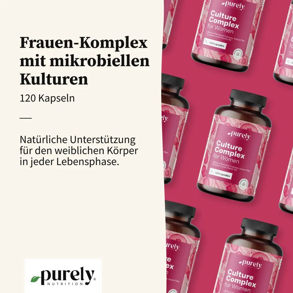 Mehrere Flaschen mit Kapseln. Text: Frauen-Komplex mit mikrobiellen Kulturen. 120 Kapseln. Aufschrift: Purely Nutrition.