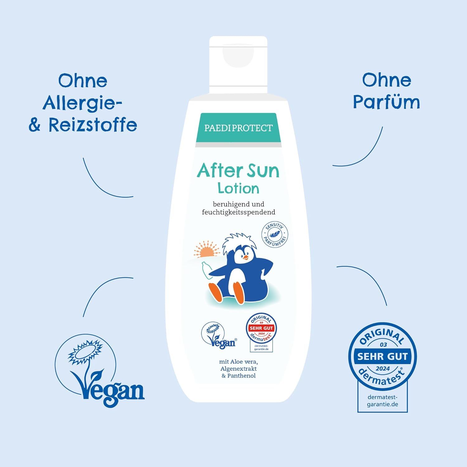Weiße Flasche PAEDIPROTECT After Sun Lotion. Aufschrift: beruhigend und feuchtigkeitsspendend. Vegan-Siegel. Dermatest-Siegel.