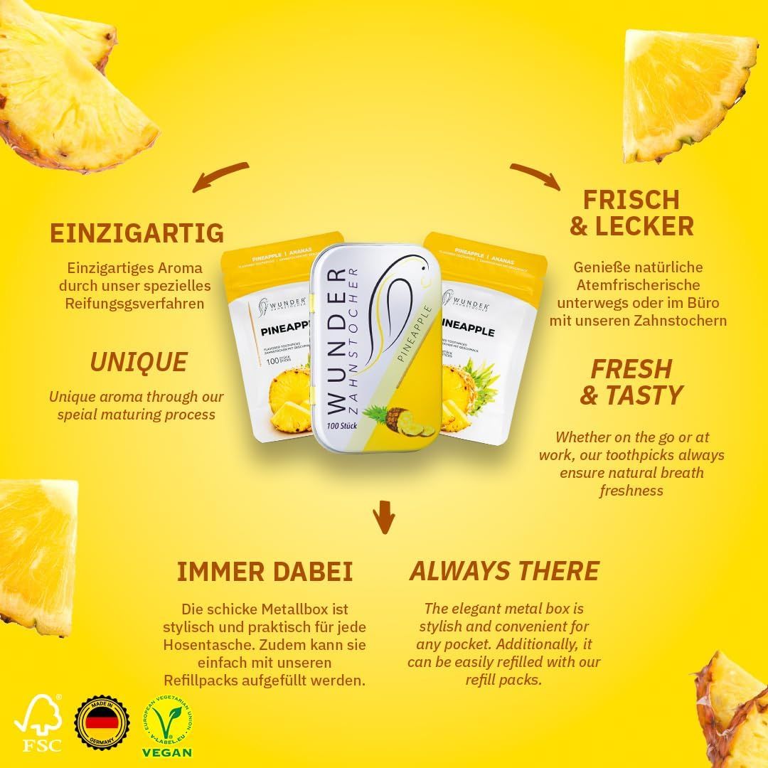 Zahnstocher-Bundle mit Metallbox und Nachfüllpackungen. Gelbes Design mit Ananas-Motiv. FSC- und Vegan-Siegel.