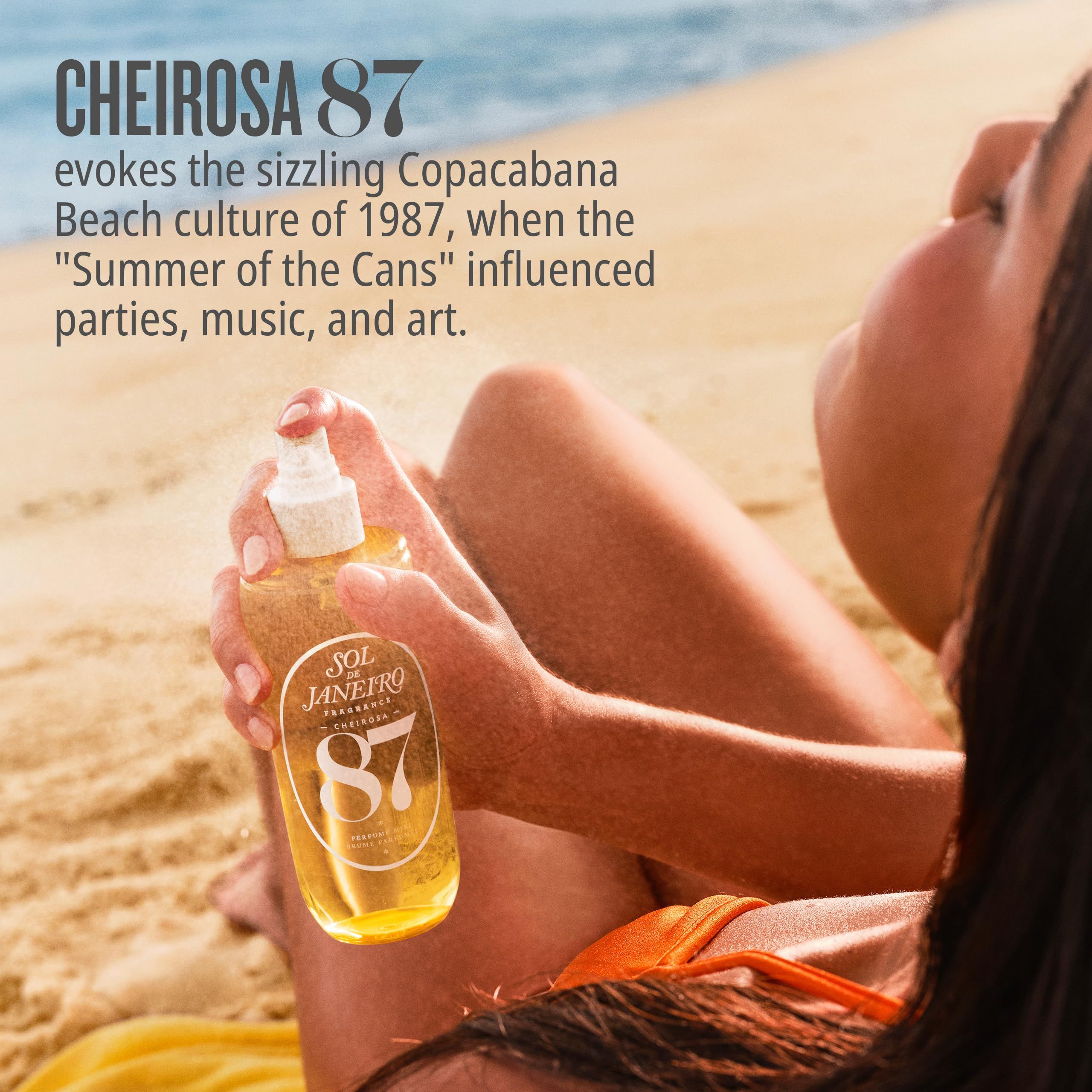 Frau am Strand mit Flasche. Aufschrift: Sol de Janeiro 87. Text: Cheirosa 87.