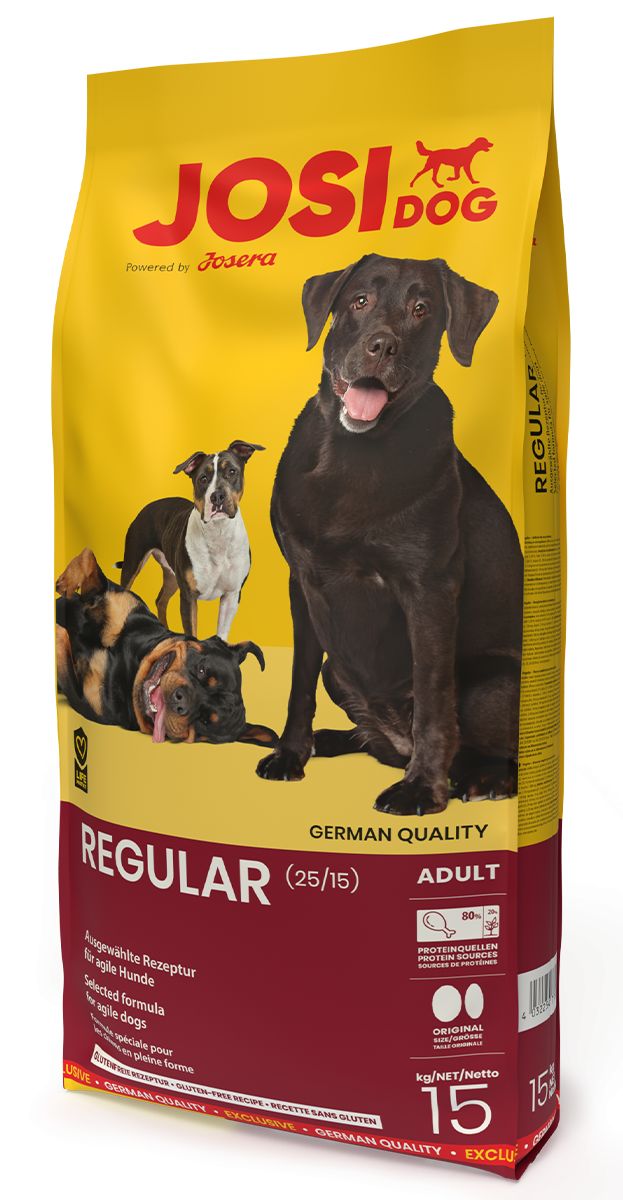 Gelber Beutel mit JosiDog-Logo und Hundeabbildungen. Aufschrift REGULAR, German Quality, Adult. 15 kg.
