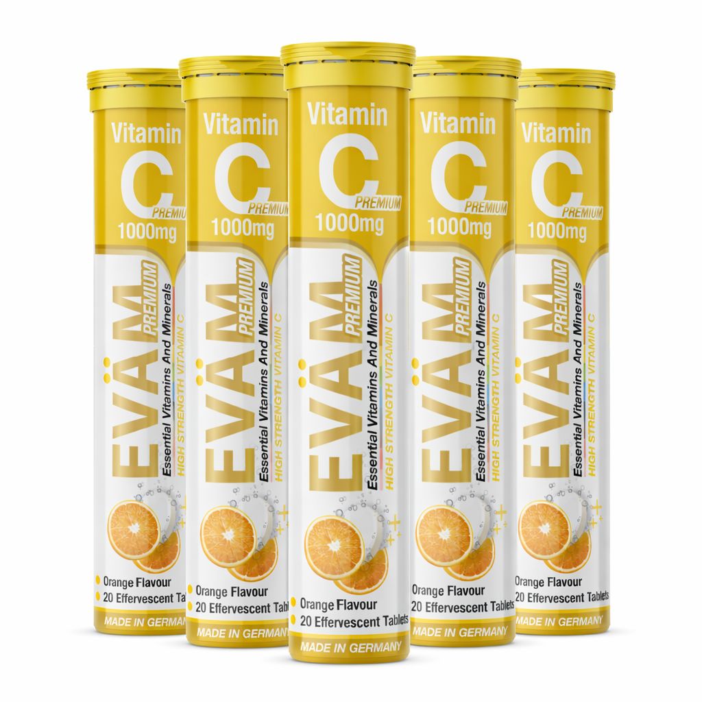 Fünf Tuben EVÄM Vitamin C 1000. Gelbe Verpackung mit weißem Etikett. Enthält 20 Brausetabletten mit Orangengeschmack. Hergestellt in Deutschland.