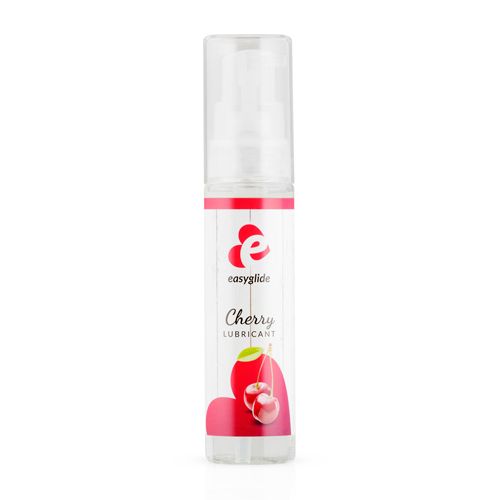 Transparente Flasche mit roter Banderole. Aufschrift: easyglide, Cherry Lubricant. Kirsch-Illustration.