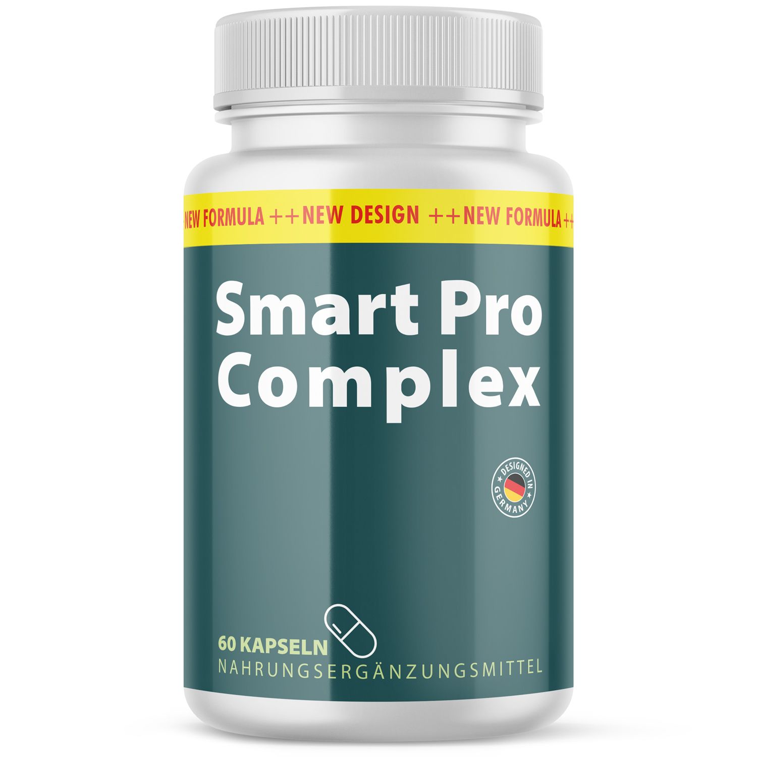 Flacone bianco di Smart Pro Complex Kapseln. Etichetta giallo-verde con nome del prodotto. 60 capsule. Sigillo di qualità tedesco.