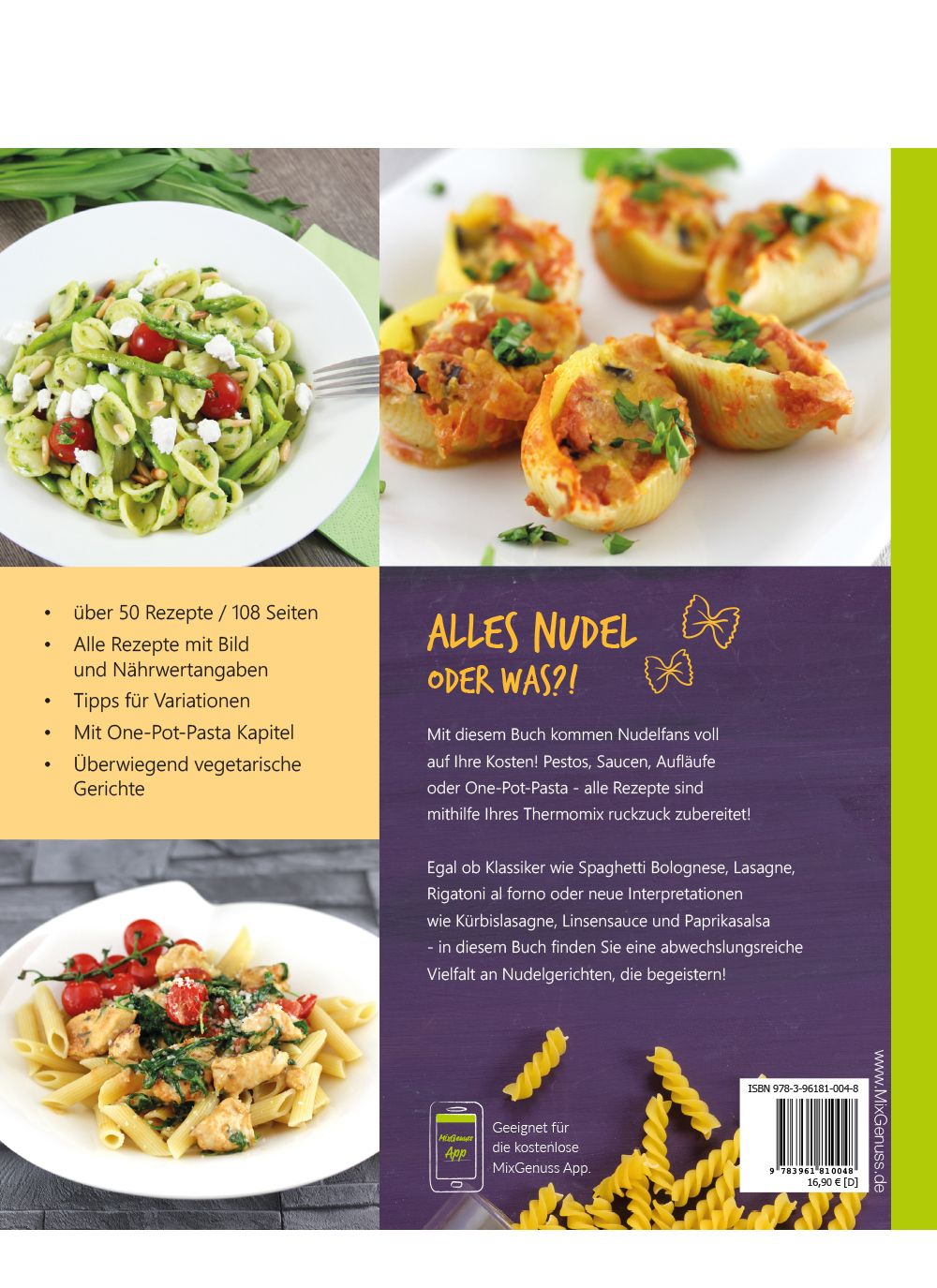 Buchcover: Alles Nudel oder was?!, mit Pasta-Gerichten. Text und Logo MixGenuss. Auf der Rückseite Text und ISBN.