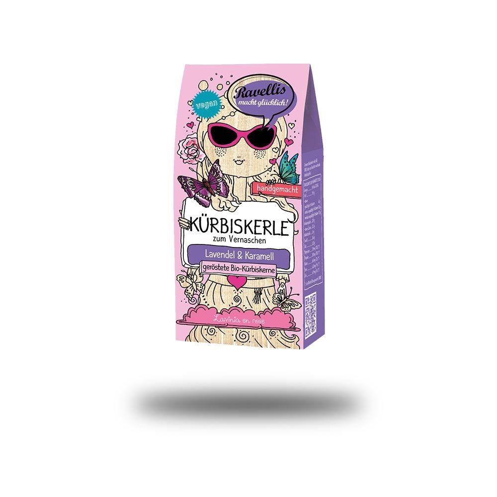 Verpackung von Kürbiskernen mit Lavendel & Karamell. Rosa-lila Design mit Illustrationen und Text: "Kürbiskerle zum Vernaschen".