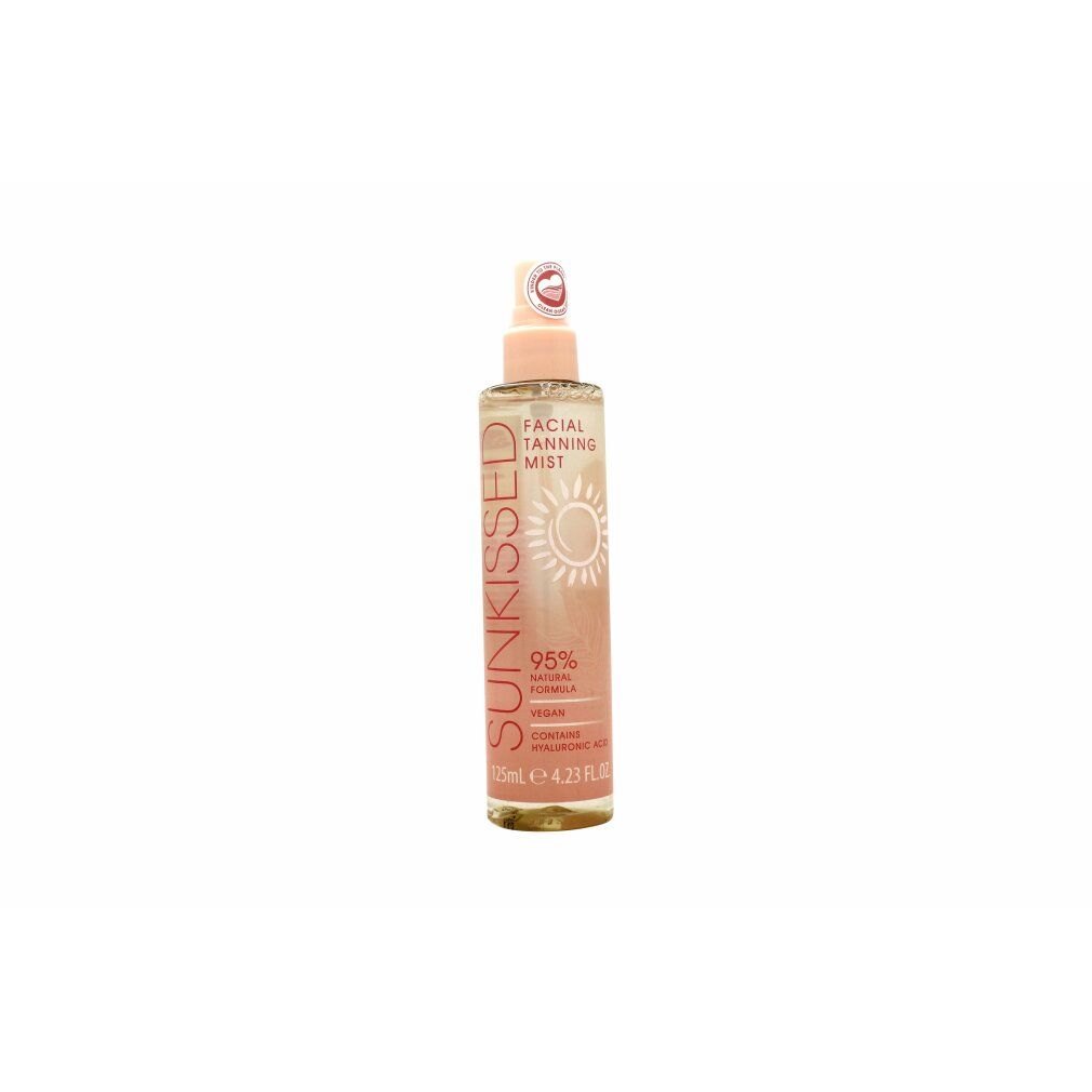 Klarer Gesichtsspray. Rosa Etikett mit Text: Sunkissed, Facial Tanning Mist, 95% Natural Formula, Vegan, enthält Hyaluronsäure. 125ml.