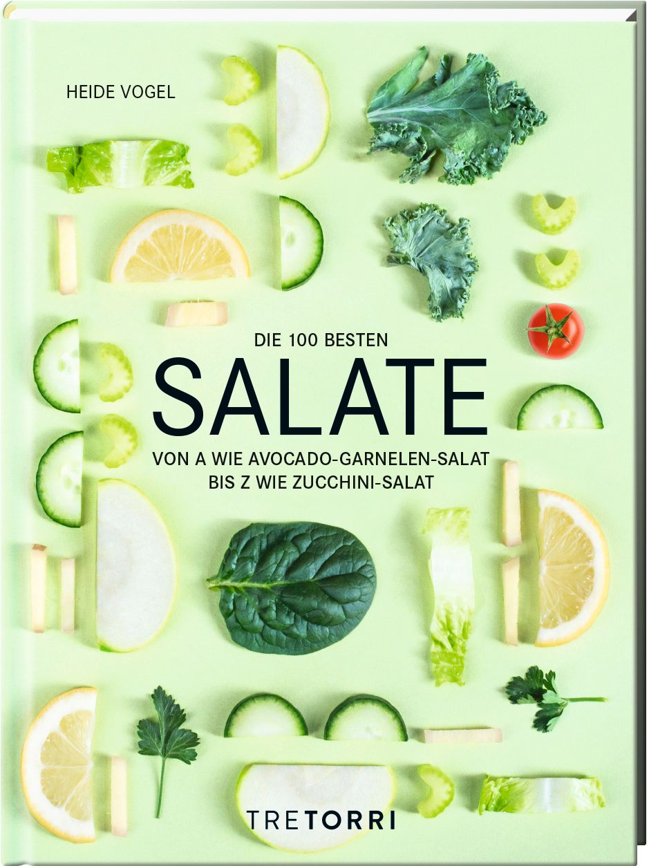 Buchcover mit dem Titel "Die 100 besten Salate". Auf hellgrünem Hintergrund sind Salat-Zutaten wie Zitrone, Gurke und Avocado angeordnet.
