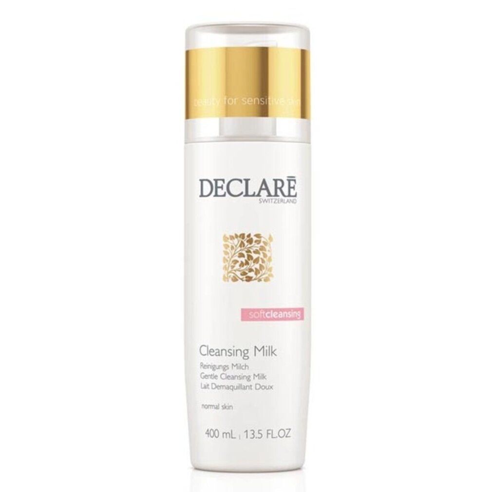 Weißer Flakon mit goldener Kappe. DECLARÉ Reinigungsmilch, Schriftzug und Logo. Aufschrift: softcleansing, Cleansing Milk, 400 ml.