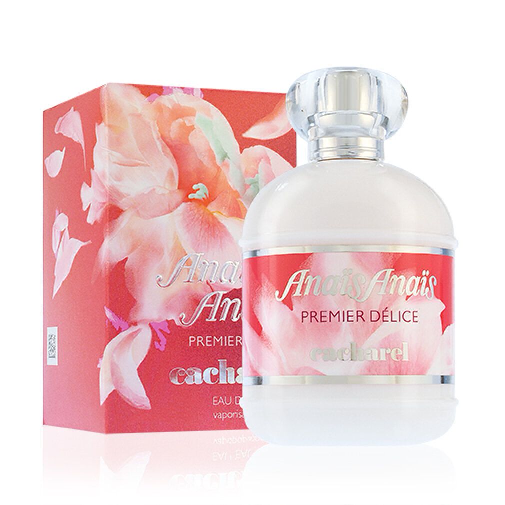 Weißer Flakon mit silbernem Deckel und rosa Flüssigkeit. Daneben eine rosa Schachtel mit floralem Design und Produktnamen.