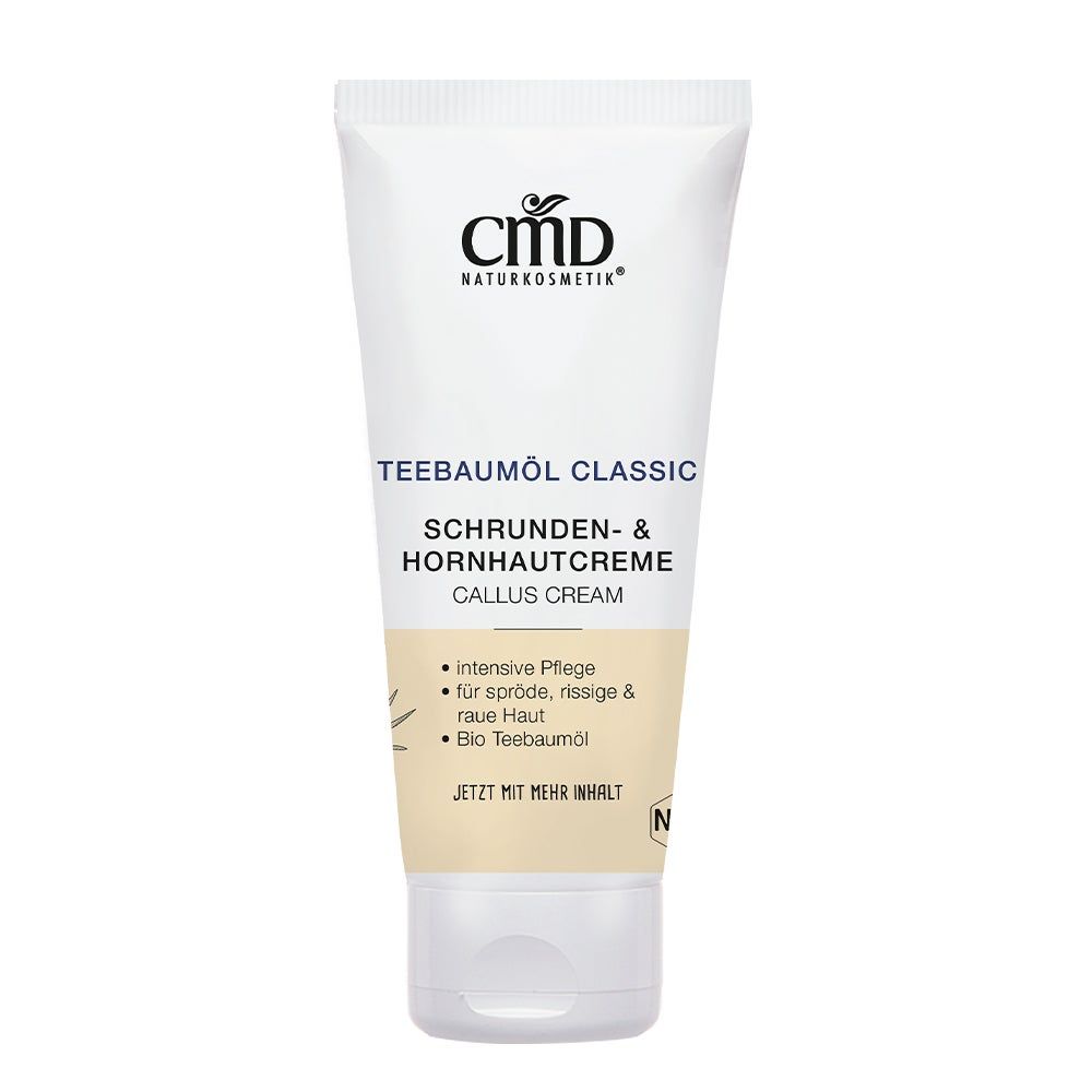 Weiße Tube mit CMD Naturkosmetik Teebaumöl Classic Schrunden- & Hornhautcreme. Text: CALLUS CREAM, Bio Teebaumöl, intensive Pflege.