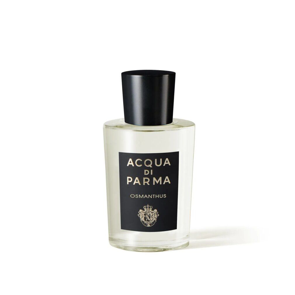Quadratische Glasflasche mit schwarzem Verschluss. Aufschrift: Acqua di Parma Osmanthus. Helles Parfum.