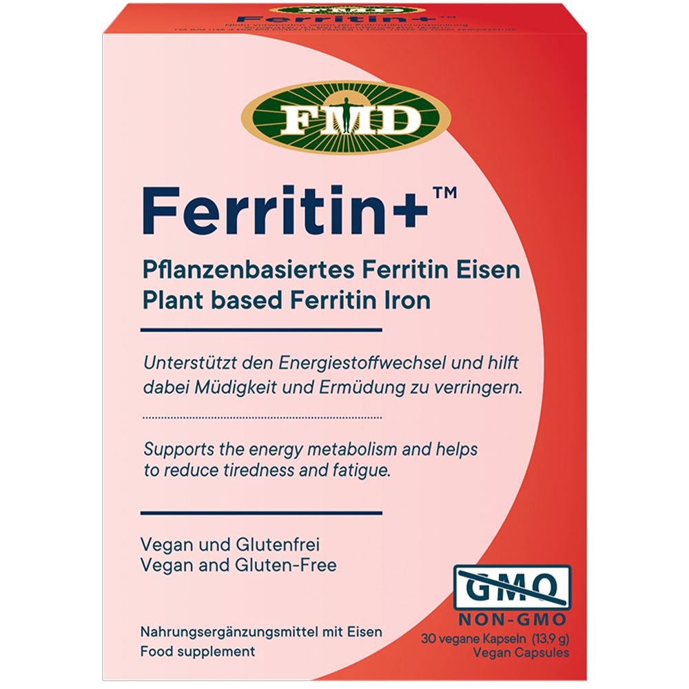 FMD Ferritin+ Eisen Kapseln Verpackung mit Informationen zu pflanzenbasiertem Eisen, Vegan und Glutenfrei.