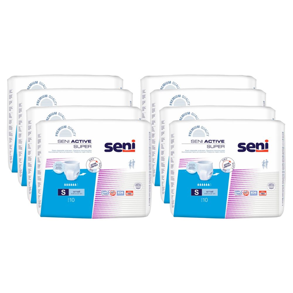 Mehrere Packungen Seni Active Super. Weiße Inkontinenzhosen in Verpackung. Aufdrucke mit Produktinformationen und Logo.