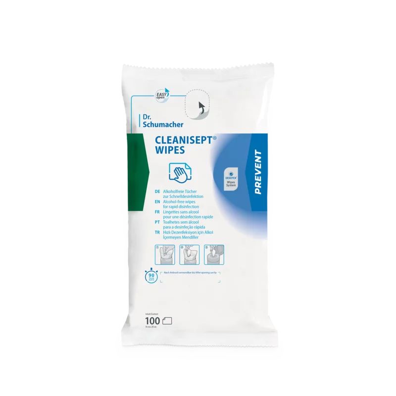 Weißes Beutel mit "Dr. Schumacher Cleanisept Wipes". Blaue und grüne Akzente. Text in mehreren Sprachen. 100 Tücher.