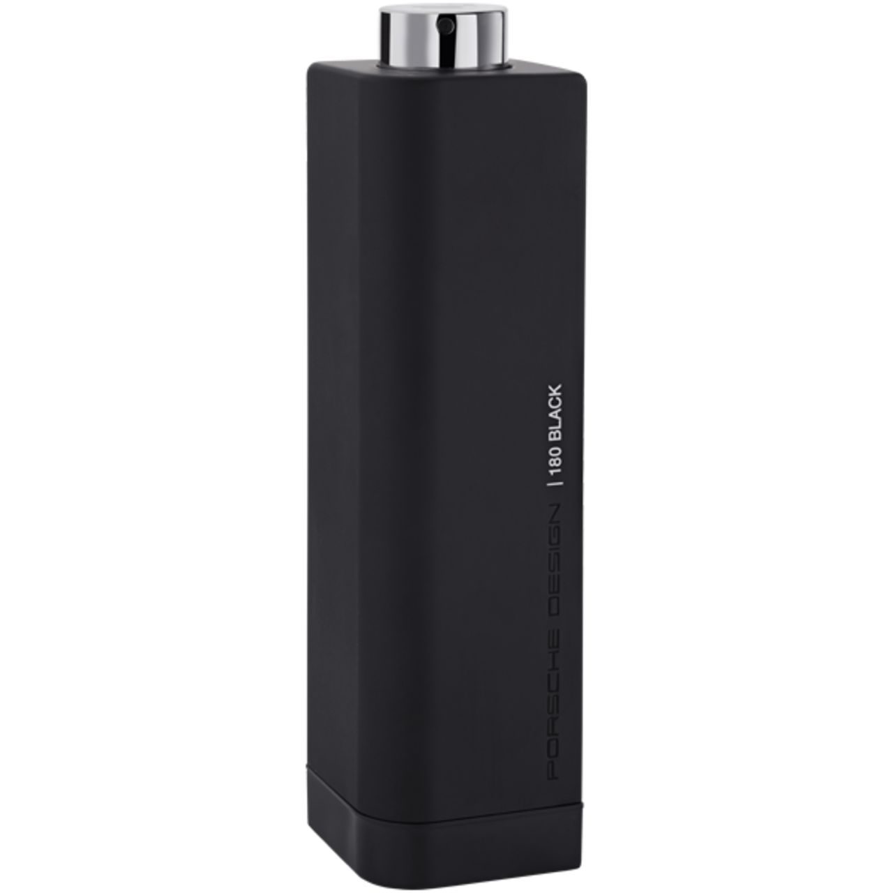 Schwarzer Flakon mit silbernem Verschluss. Aufschrift: Porsche Design | 180 Black. Eckige Form.