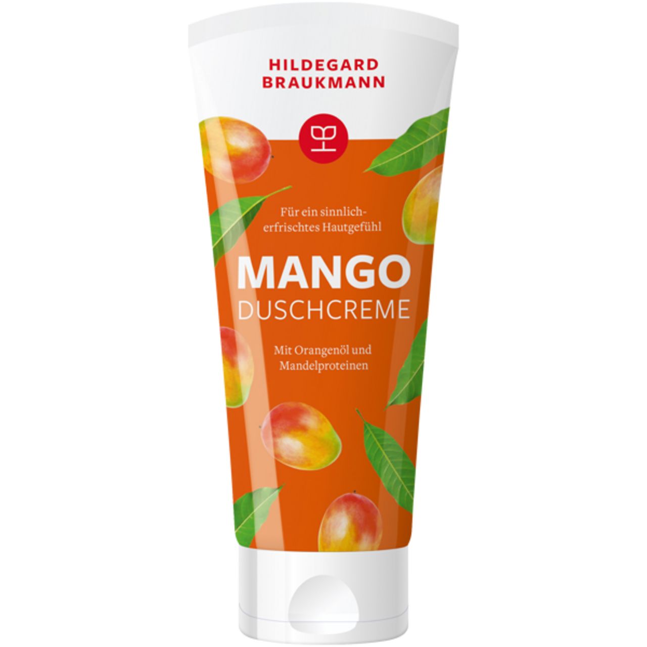 Tube mit Mango Duschcreme. Weiß, mit Logo und Produktnamen. Mango-Illustrationen und Text: 'Mit Orangenöl und Mandelproteinen'.