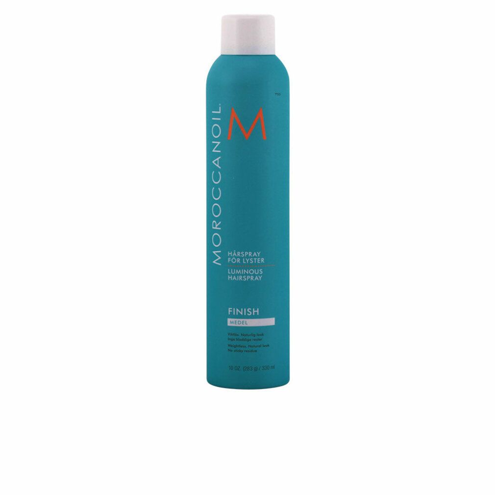 Türkisgrüne Haarspray-Flasche mit weißem Deckel. Aufschrift: Moroccanoil, Hairspray for Lyster, Finish Medium.