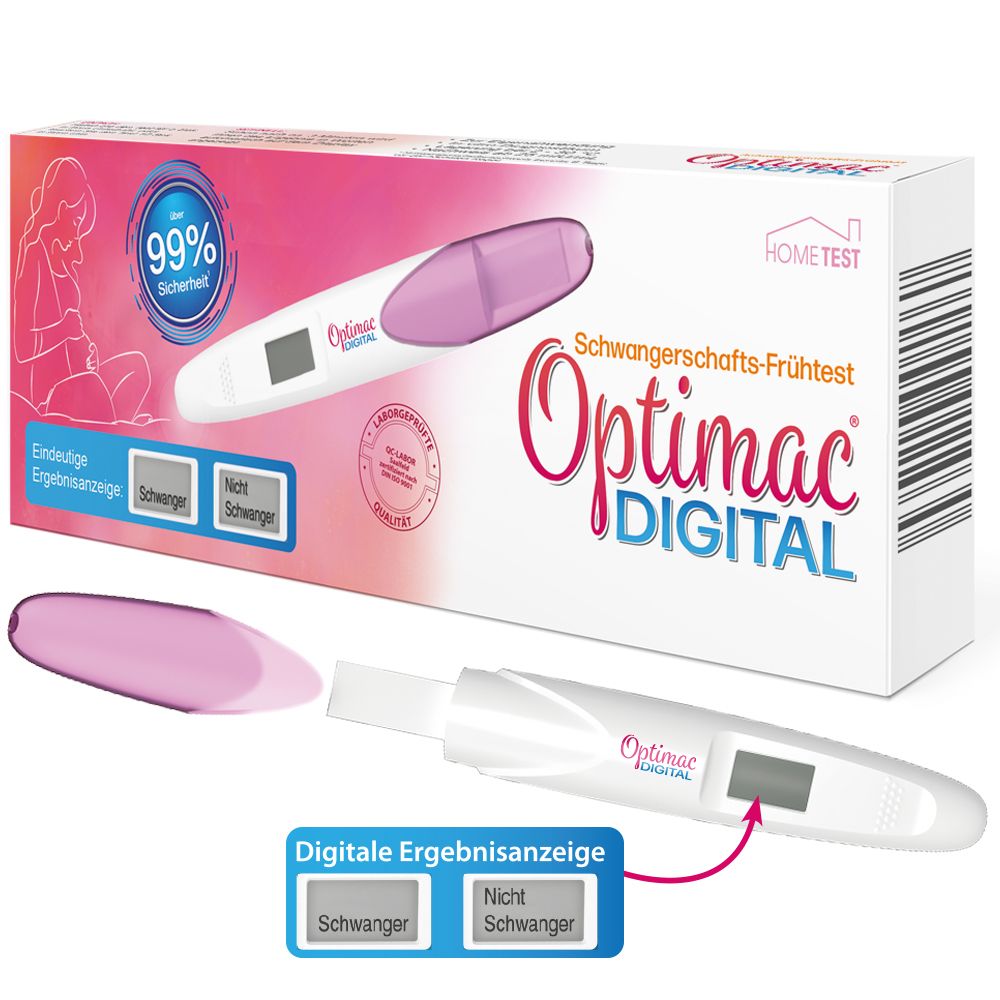 Verpackung und Teststäbe von Optimac DIGITAL Schwangerschaftsfrühtest. Digitalanzeige, 99% Sicherheit.
