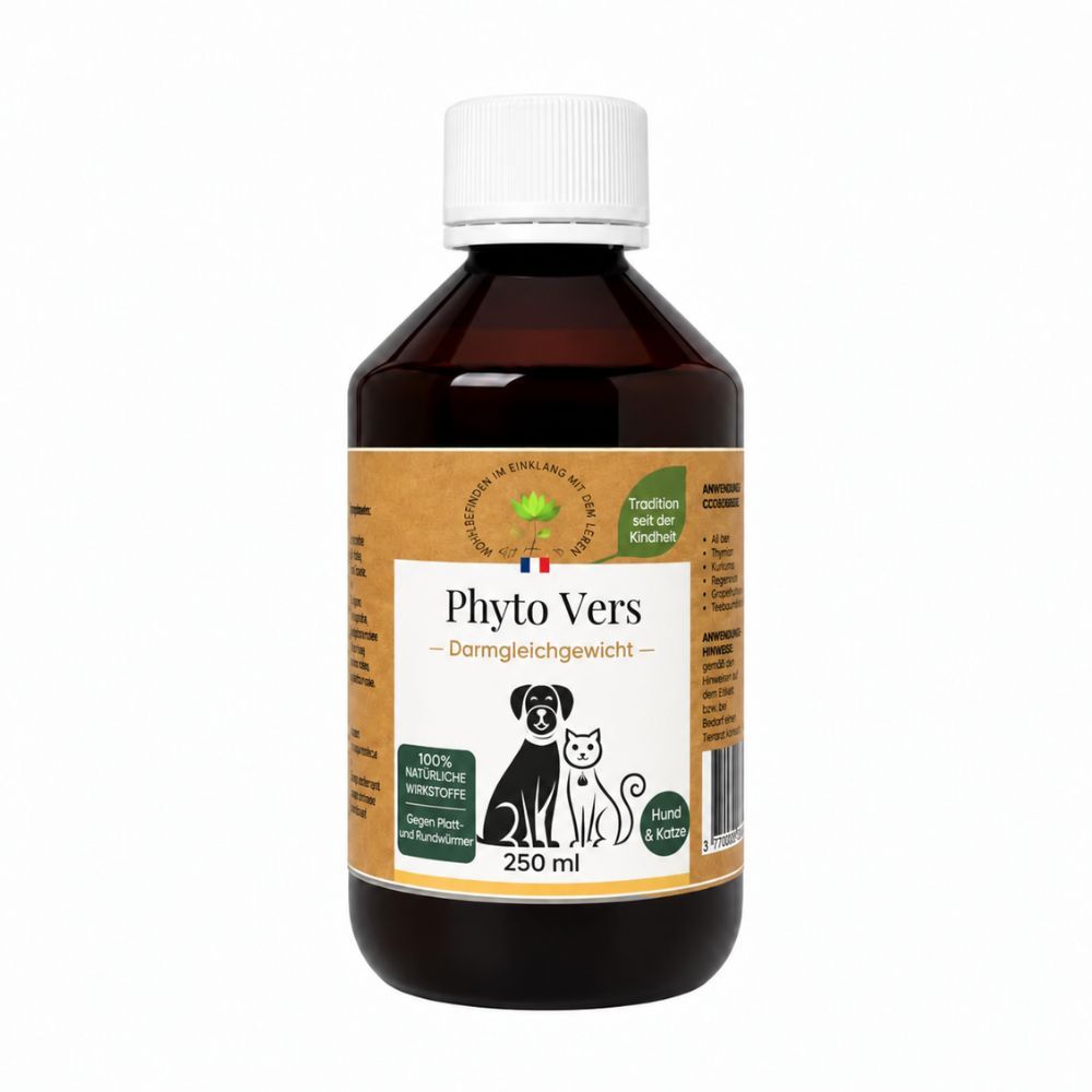 Braune Glasflasche Phyto Vers für Hunde und Katzen, 250 ml. Etikett mit Hund- und Katzensilhouette und "Darmgleichgewicht".
