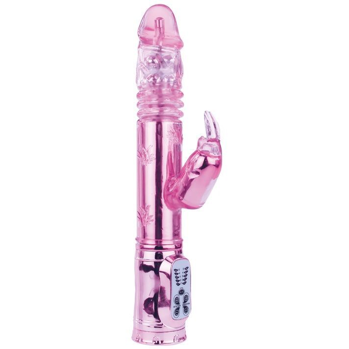 Pinkfarbener Vibrator mit Hasenohren-Aufsatz. Steuerungsknöpfe am unteren Ende. Geriffelte Oberfläche.