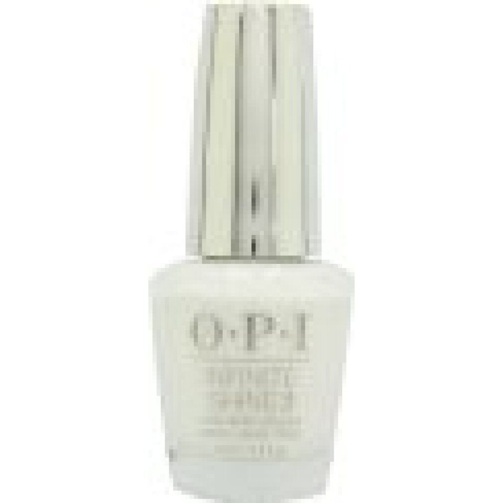 OPI Infinite Shine 2 Nagellackflasche in Weiß mit silbernem, geriffeltem Deckel.