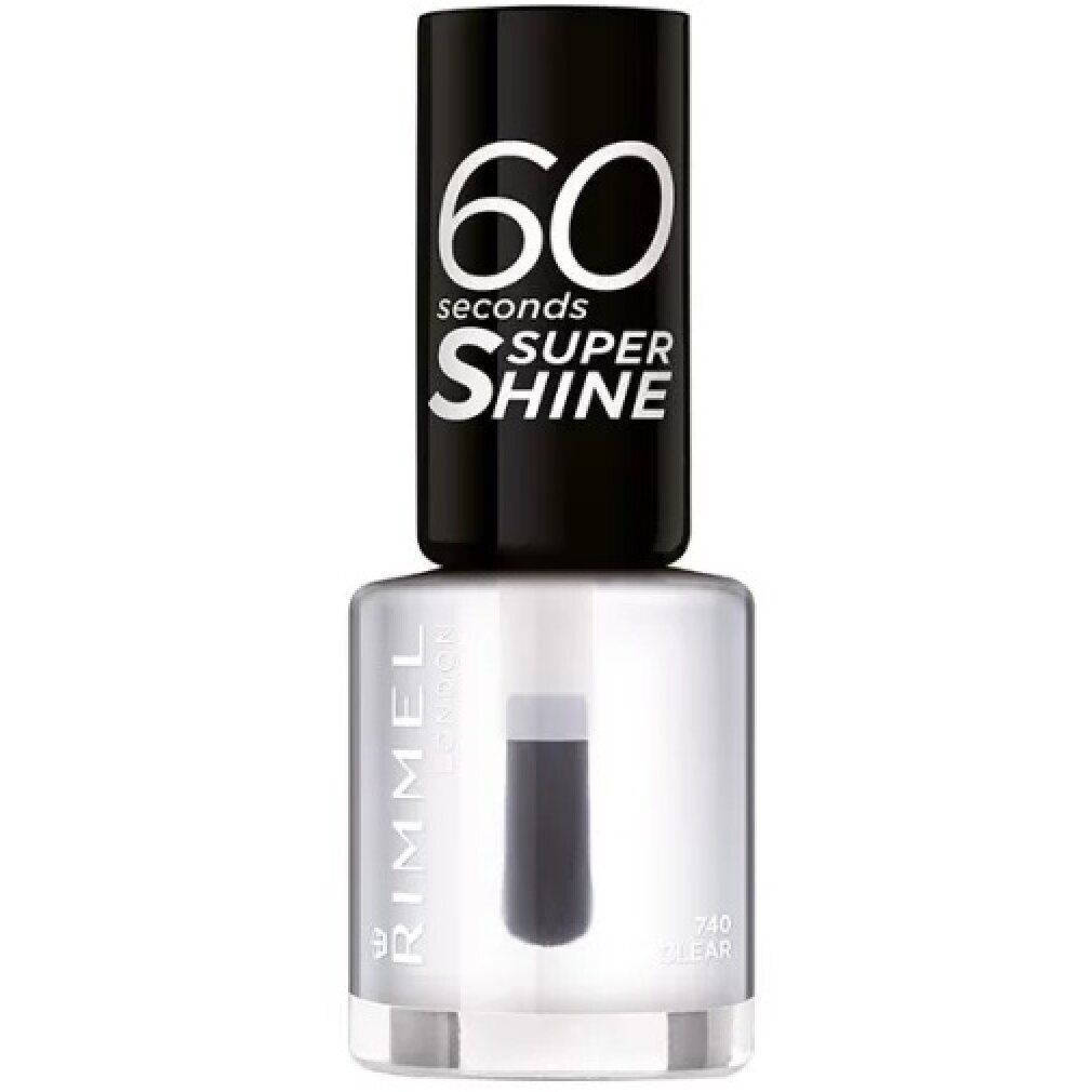 Klare Nagellackflasche mit schwarzem Deckel. Aufschrift: 60 seconds SUPER SHINE, Rimmel London, 740 Clear.