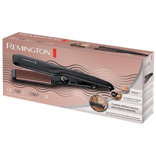 Haarcreppeise in Verpackung. Produktname: CERAMIC CRIMP 220. Remington-Logo. Illustrationen von Anwendung.