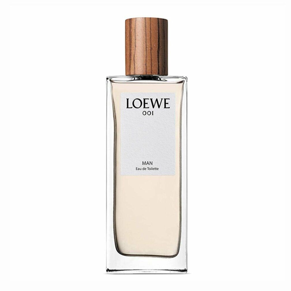 Loewe 001 Man Eau de Toilette Spray. Rechteckiger Glasflakon mit Holzverschluss. Weißes Etikett mit Logo und Produktbezeichnung.