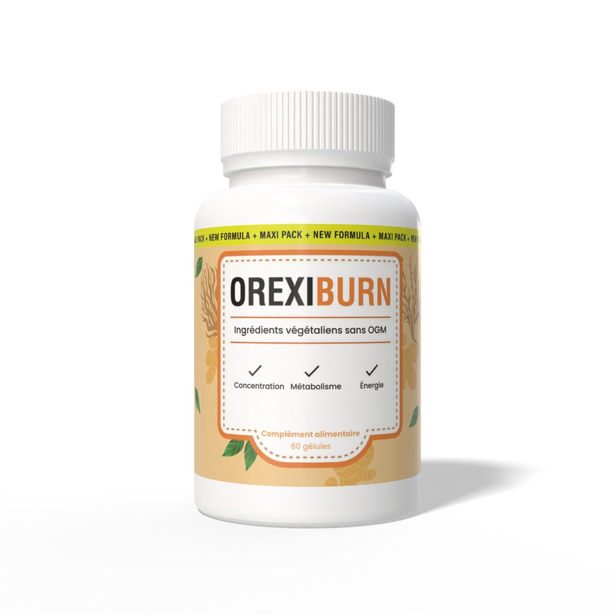 Eine Flasche Orexiburn Nahrungsergänzungsmittel, 60 Kapseln, vegane und gentechnikfreie Zutaten.