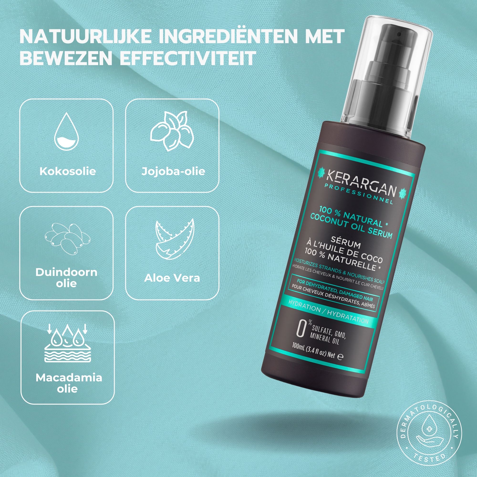 Grafiek met ingrediënten: kokosolie, jojoba-olie, duindoornolie, aloë vera, macadamia-olie. Kerargan serumfles op de achtergrond.