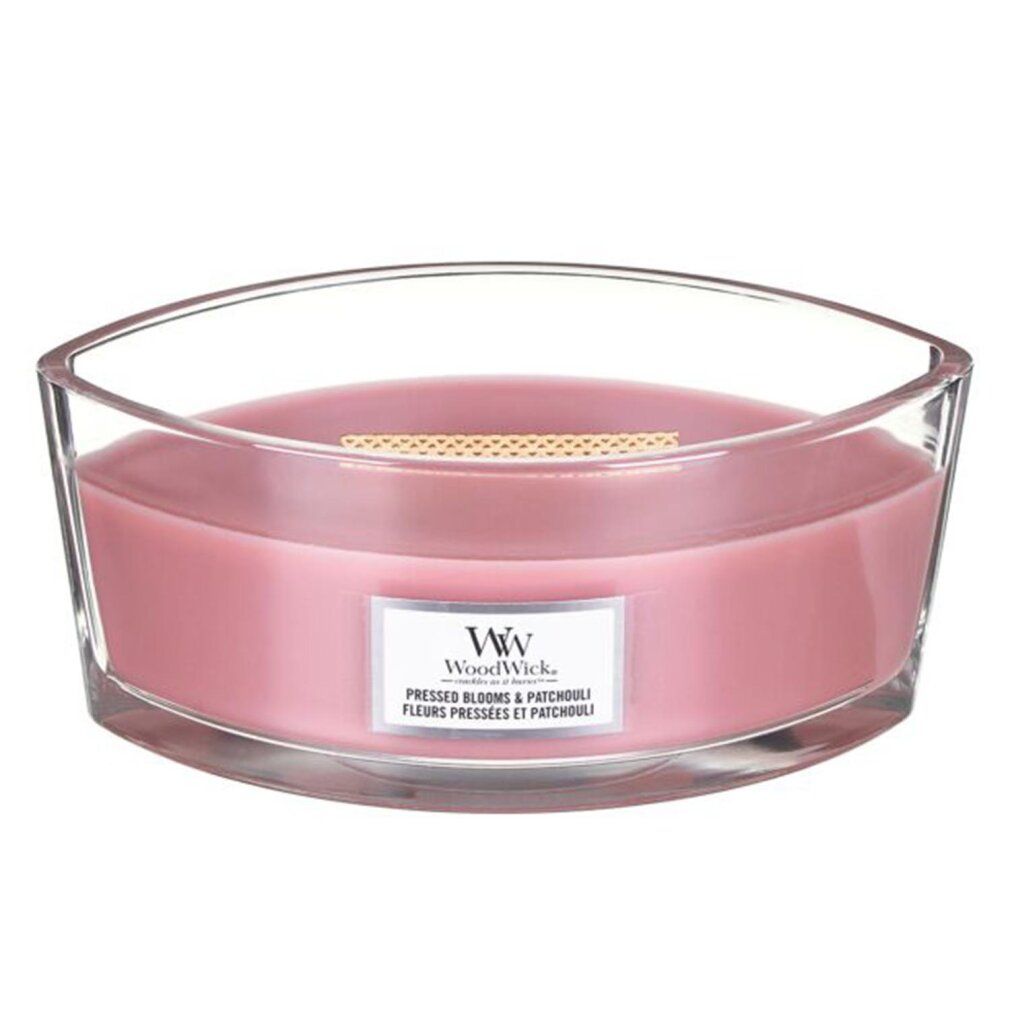 Duftkerze mit Holzdocht. Rosa Wachs in Glasbehälter. Label mit Produktname und Marke WoodWick.