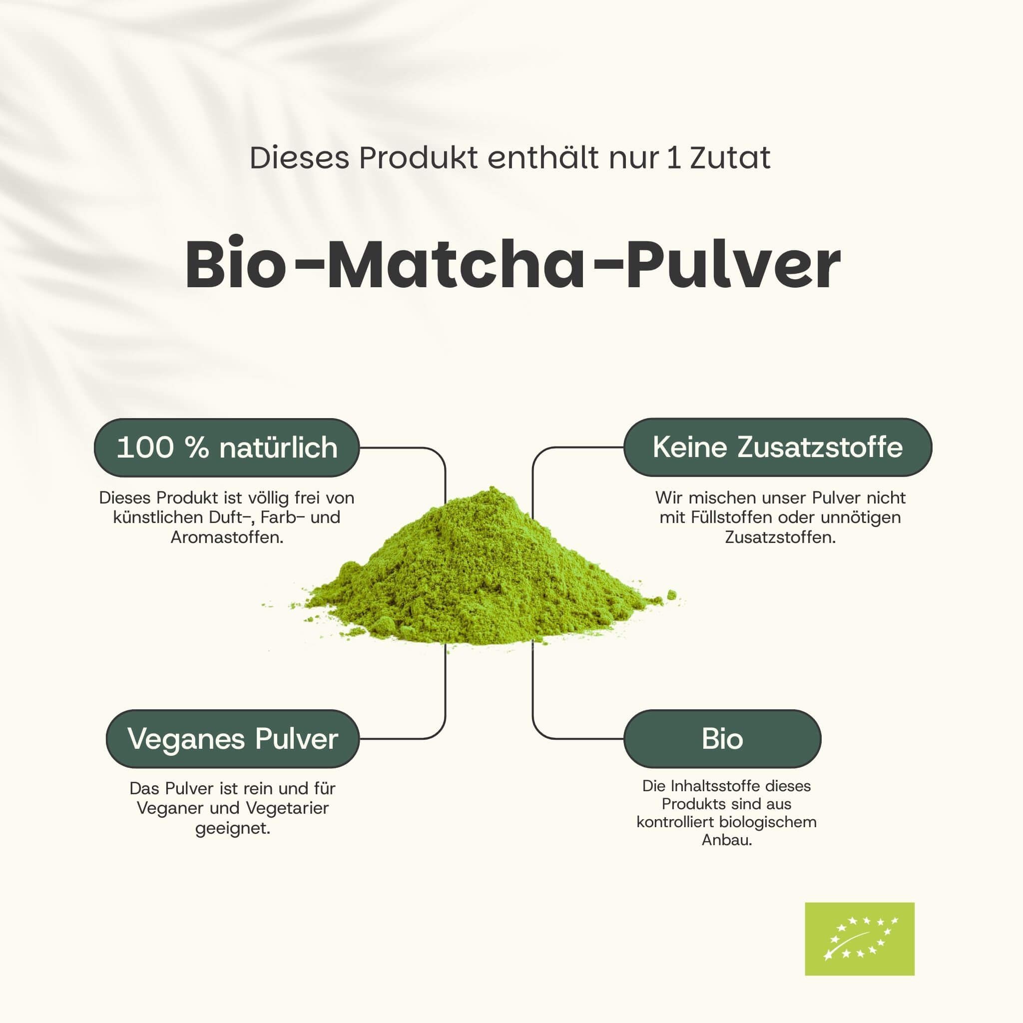 Grünes Matcha-Pulver auf weißem Hintergrund. Text: Biologisch Matcha poeder. 100% natuurlijk, vegan, biologisch, geen toevoegingen.