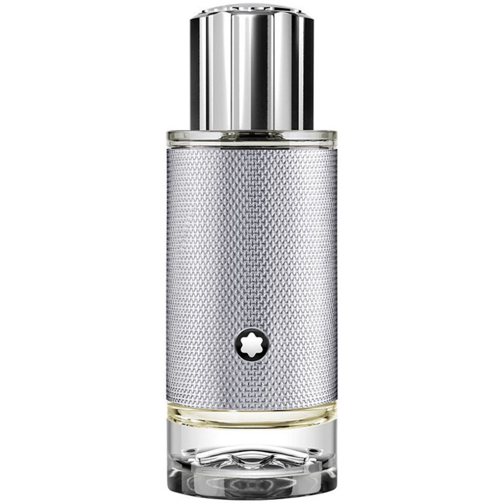 Montblanc Explorer Platinum EdP Nat. Spray Flakon. Silberfarbenes Design mit Logo. Zylindrische Form mit silbernem Deckel.