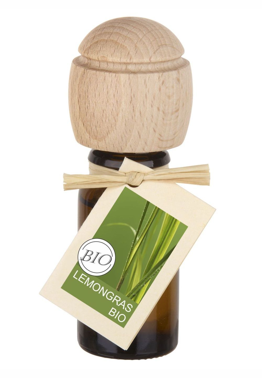 Braune Glasflasche mit Holzverschluss und Anhänger. Aufschrift: BIO Lemongras.