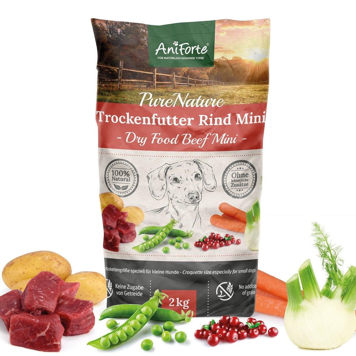Beutel Trockenfutter Rind Mini, 2 kg. Aufdruck: Aniforte, PureNature, Trockenfutter Rind Mini, Illustration Hund, Gemüse.