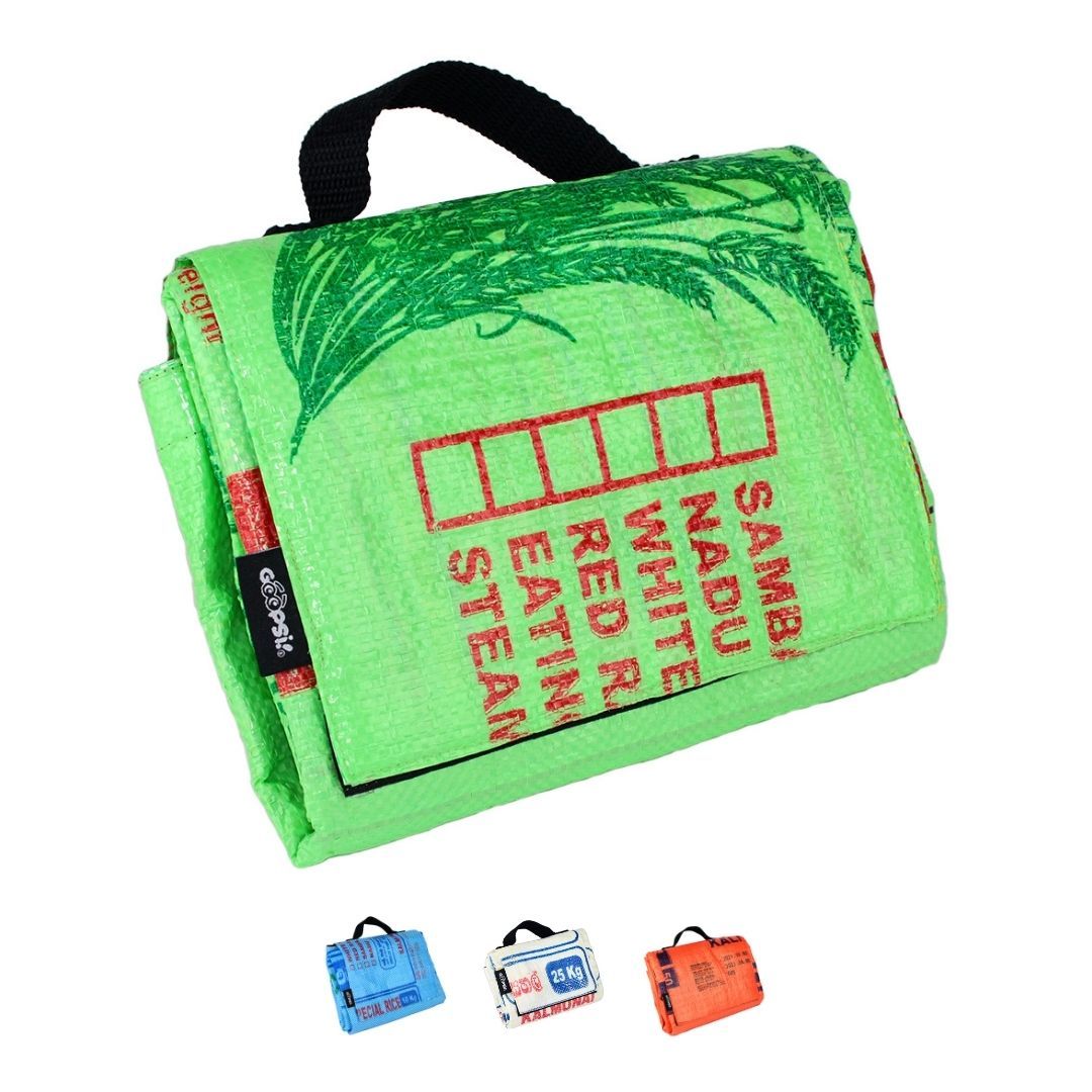 Grüne Tasche mit Aufdruck 'SAMBA NADU WHITE RED RICE EATING STEAM'.