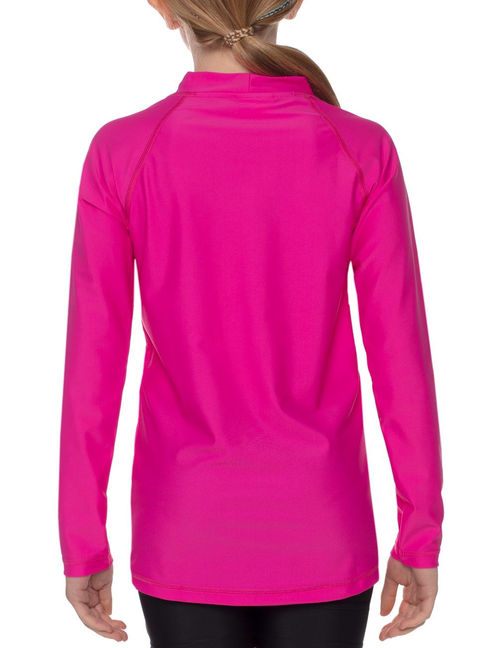 Pinkfarbenes Langarmshirt mit Stehkragen, Rückansicht. Nähte sichtbar.