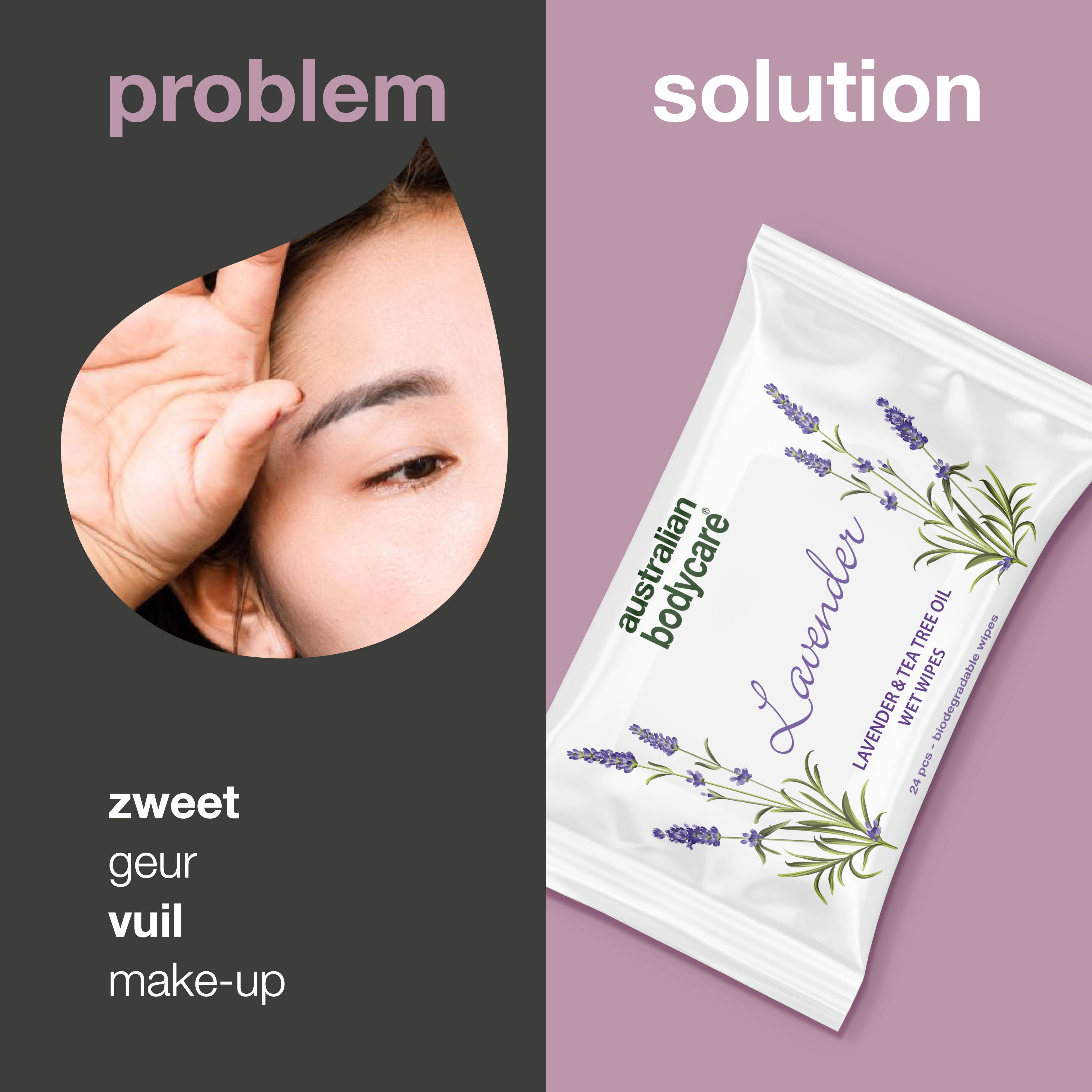 Gezicht met probleem: zweet, geur, vuil, make-up. Oplossing: vochtige doekjes met lavendel.