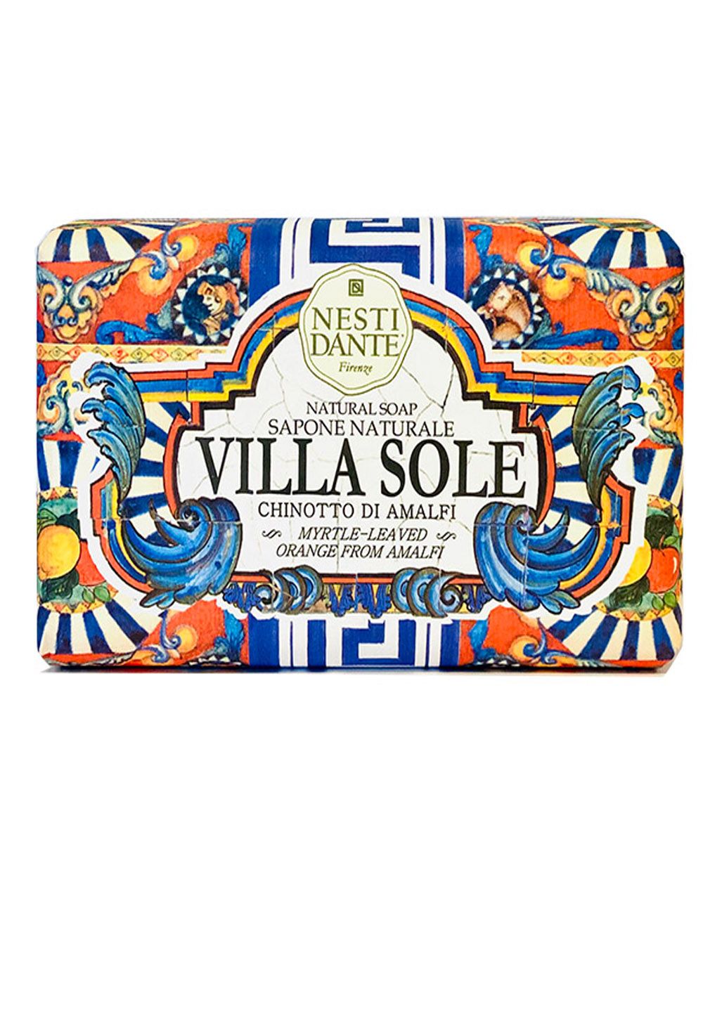 Rechteckige Seife mit farbenfrohem Design. Aufschrift: NESTI DANTE, VILLA SOLE, Chinotto di Amalfi, Myrte-Blatt, Orange aus Amalfi.