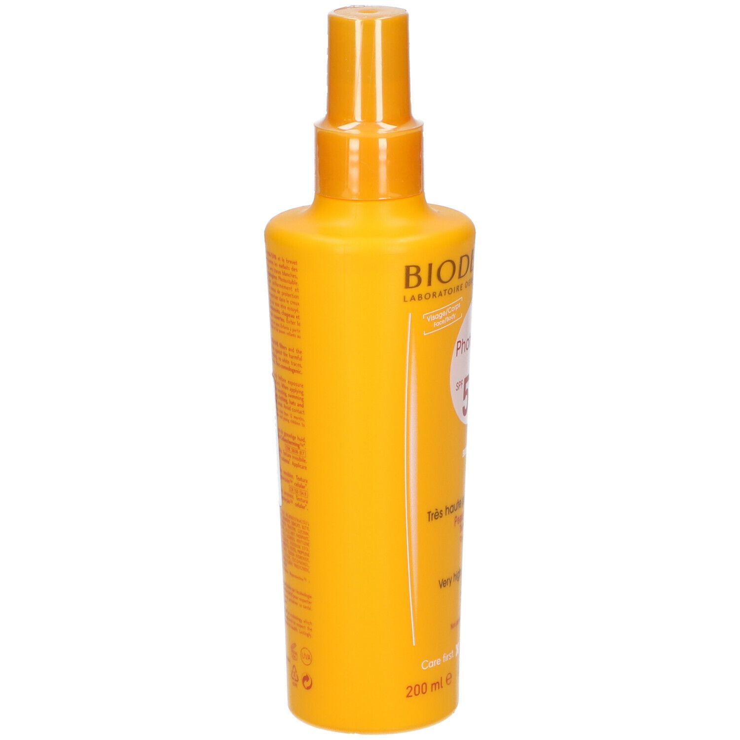 Gelbe Sprühflasche. Aufschrift: BIODERMA, Photoderm MAX SPF 50+. Text: Très haute protection, Peaux sensibles, Spray. 200 ml.