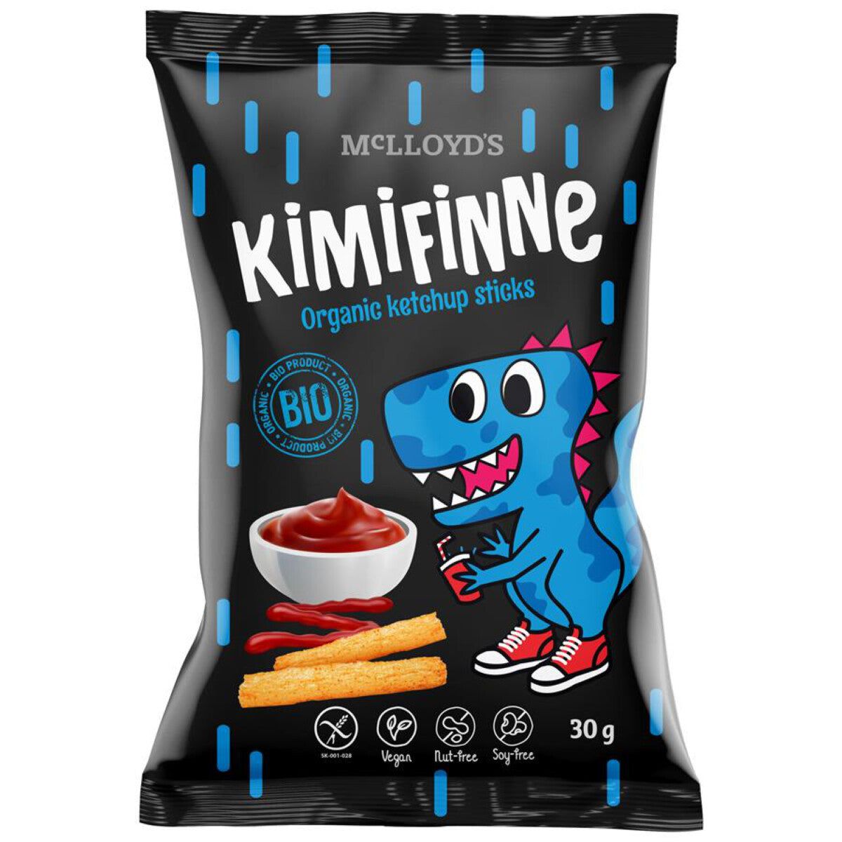 Schwarze Tüte mit Aufdruck. Aufschrift: Kimifinne, Organic Ketchup Sticks. Bio-Siegel. Abbildung eines blauen Dinosauriers und Ketchup.