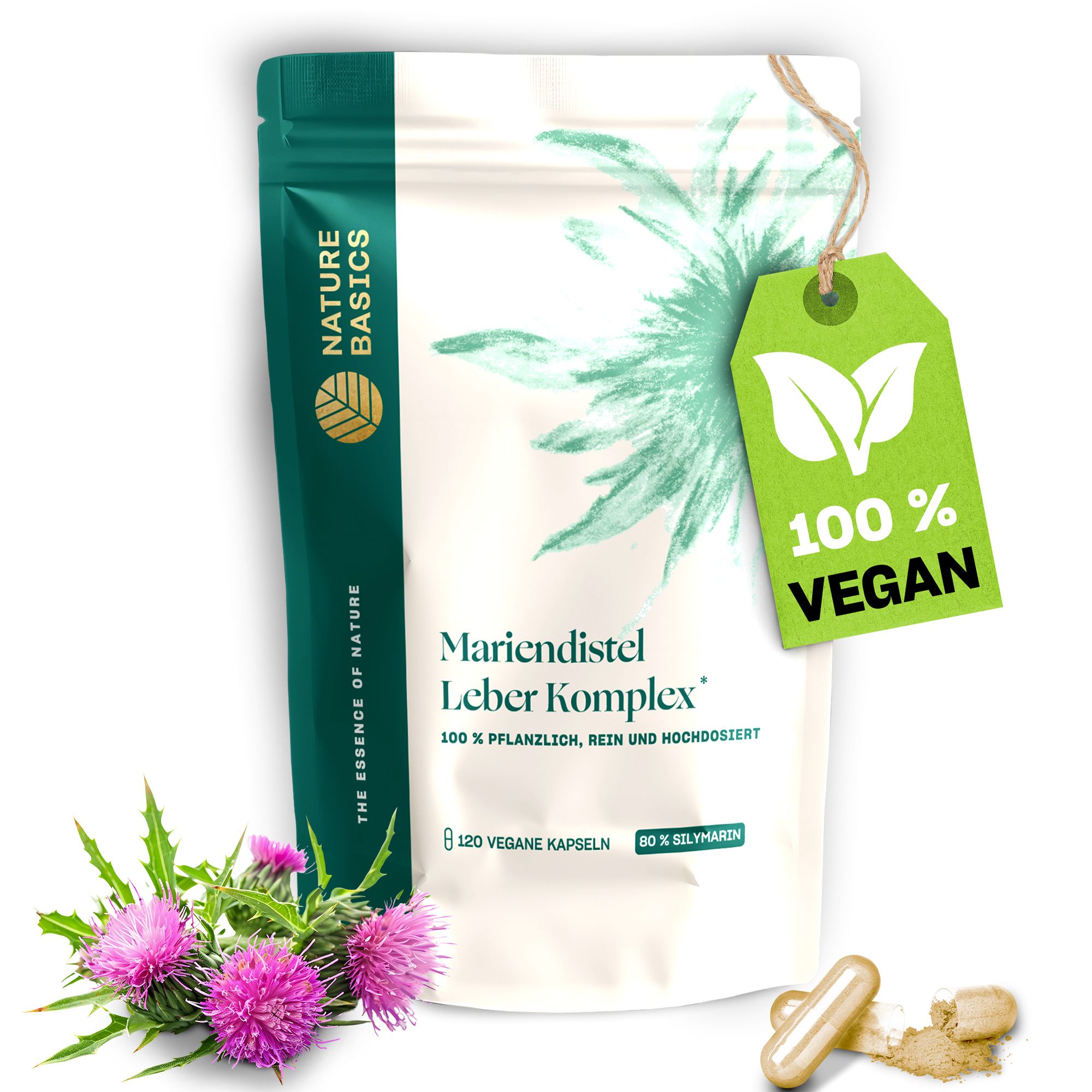 Beutel mit Mariendistel Komplex Kapseln, grünes Etikett mit 100% Vegan-Siegel. Daneben Mariendistelblüten und Kapseln.