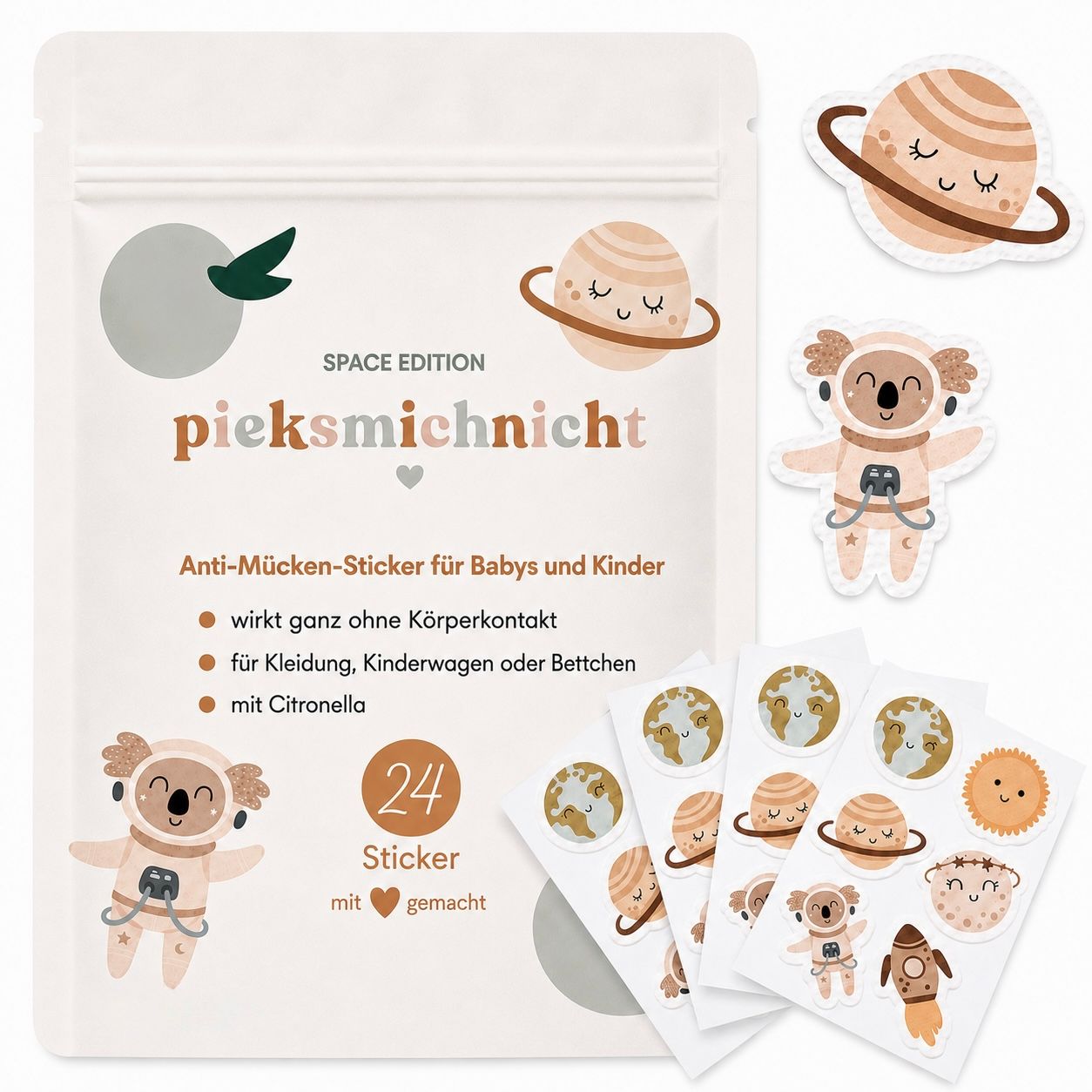 Verpackung mit 24 Anti-Mücken-Stickern im Weltraum-Design, inklusive Koala-Astronaut und Planeten.