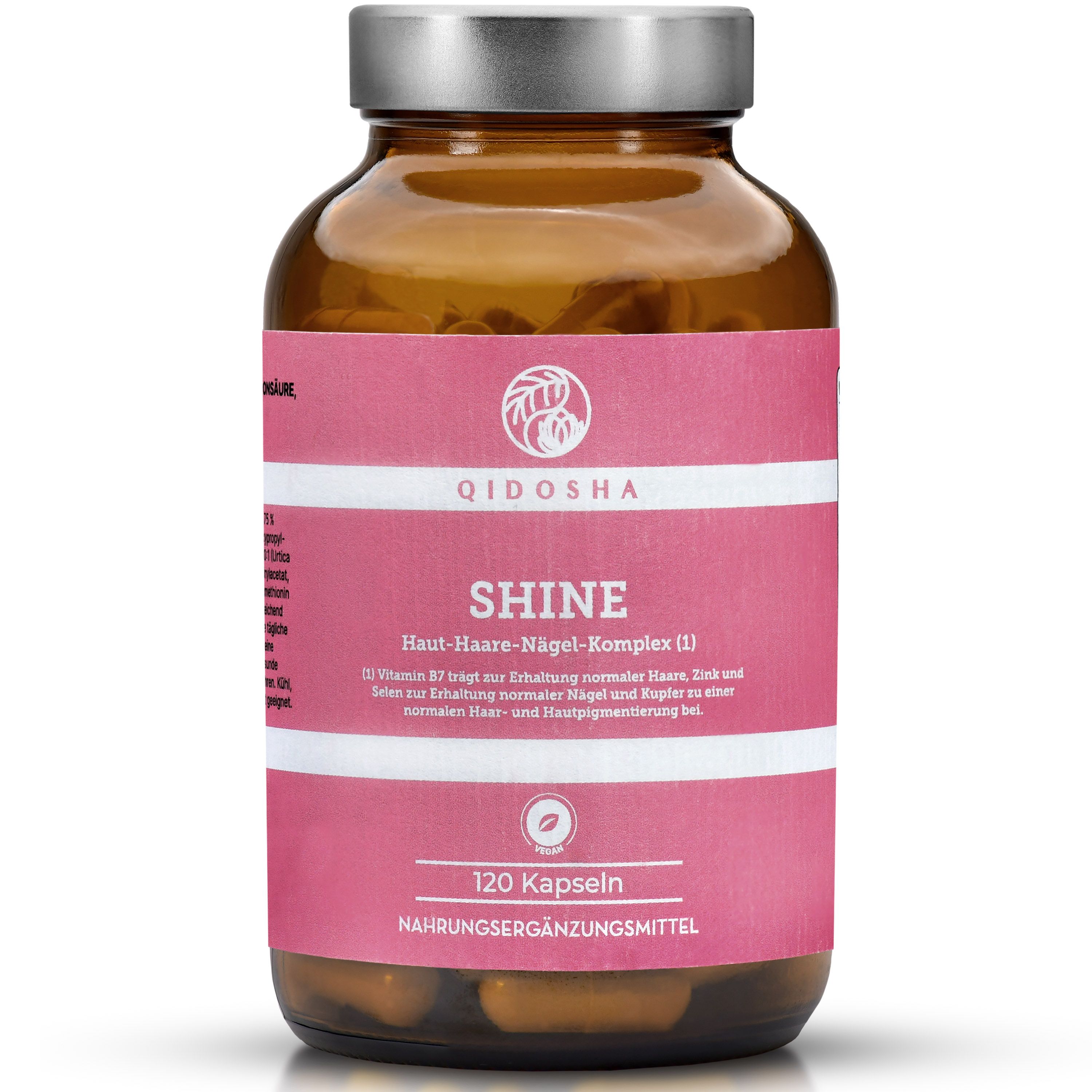 Braune Glasflasche mit rosa Etikett. Text: QIDOSHA SHINE, 120 Kapseln. Aufschrift: Haut-Haare-Nägel-Komplex. Nahrungsergänzungsmittel.