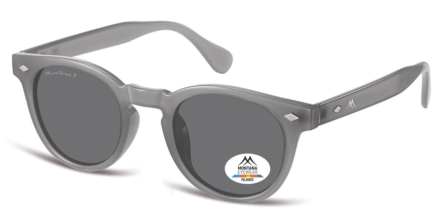 Graue Sonnenbrille mit runden Gläsern. Auf einem Glas befindet sich ein Aufkleber mit Logo und Schriftzug. Die Brille hat einen Rahmen und Bügel.