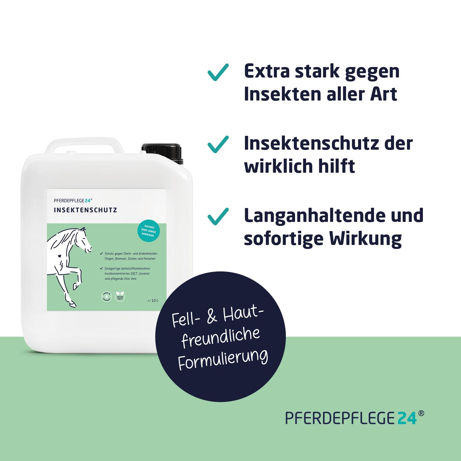 Kanister mit Produktetikett. Text: Pferdepflege24 Insektenschutz. Abbildung eines Pferdes. Vorteile: Insektenschutz, langanhaltend. Vegan-Siegel.